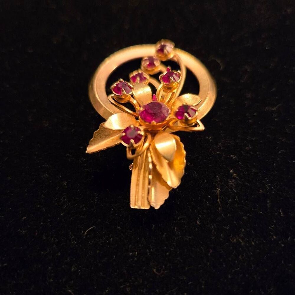 Vintage Gold Flower Red Rhinestone Brooch Pin - Picture 3 of 5